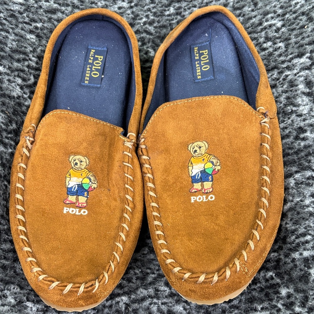Polo by Ralph Lauren Tan Bear Slippers Sz 12 VGUC